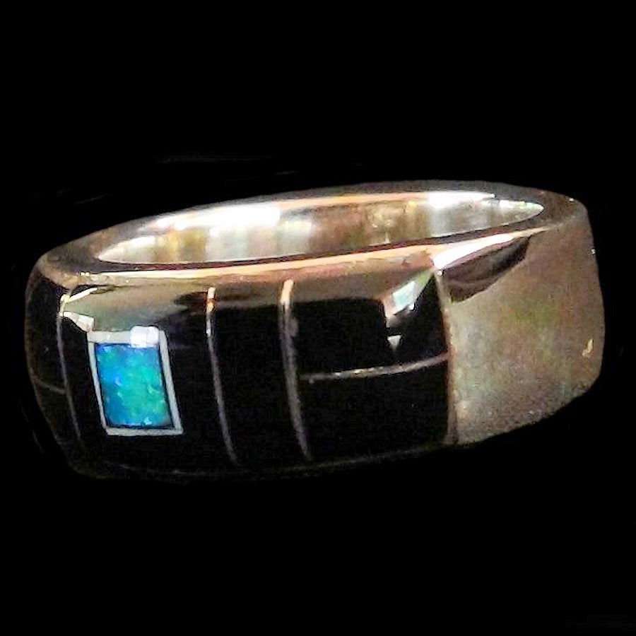 Anneau Amerindien Channel Inlay Jeais Noir et Opal
