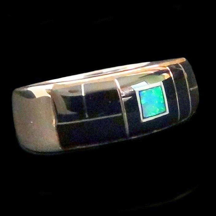 Anneau Amerindien Channel Inlay Jeais Noir et Opal