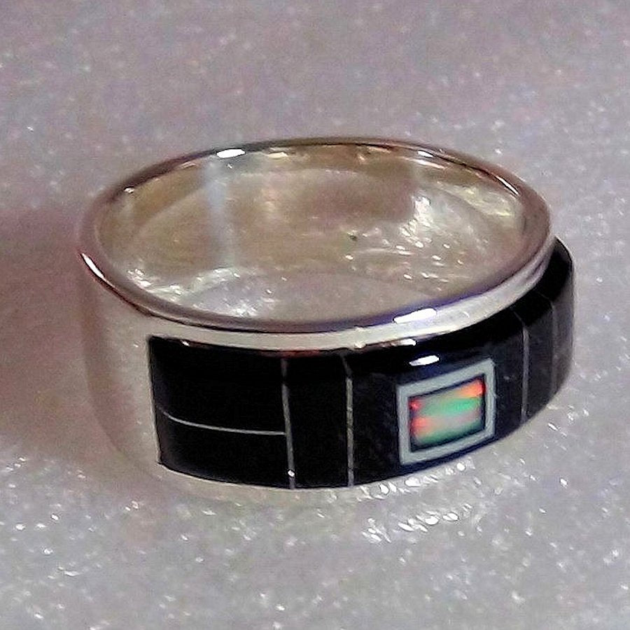 Anneau Amerindien Channel Inlay Jeais Noir et Opal