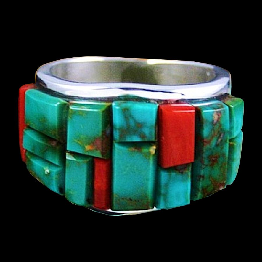 Anneau Navajo Cobblestone Inlay, Turquoise et Corail