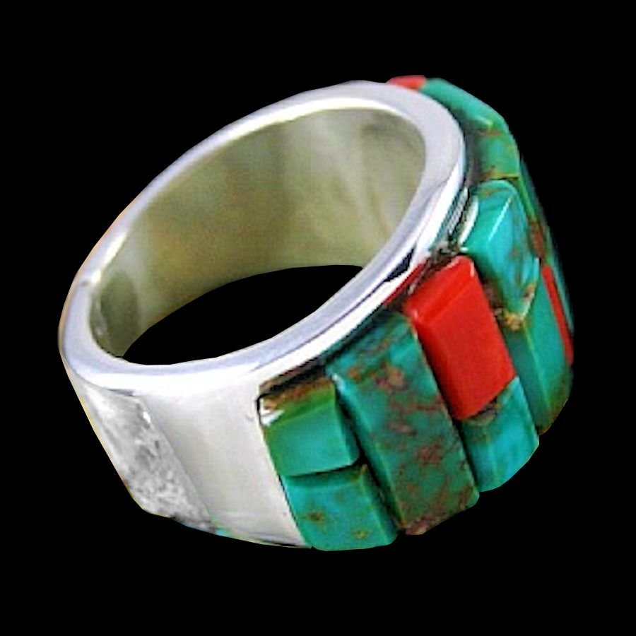 Anneau Navajo Cobblestone Inlay, Turquoise et Corail