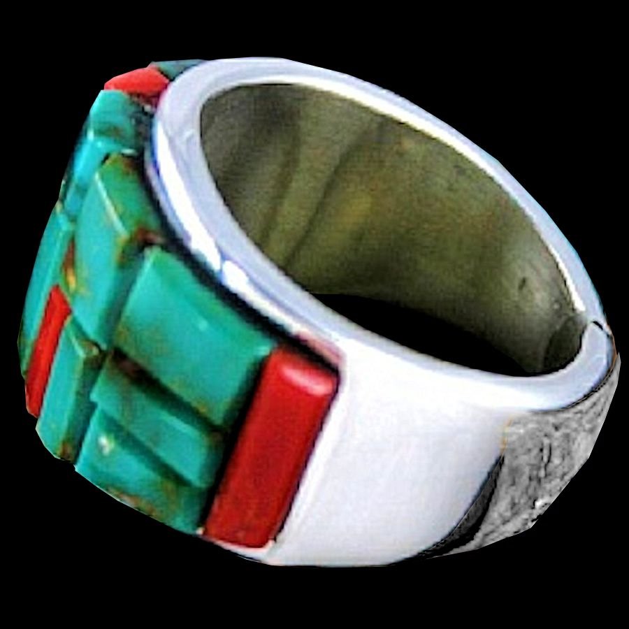 Anneau Navajo Cobblestone Inlay, Turquoise et Corail