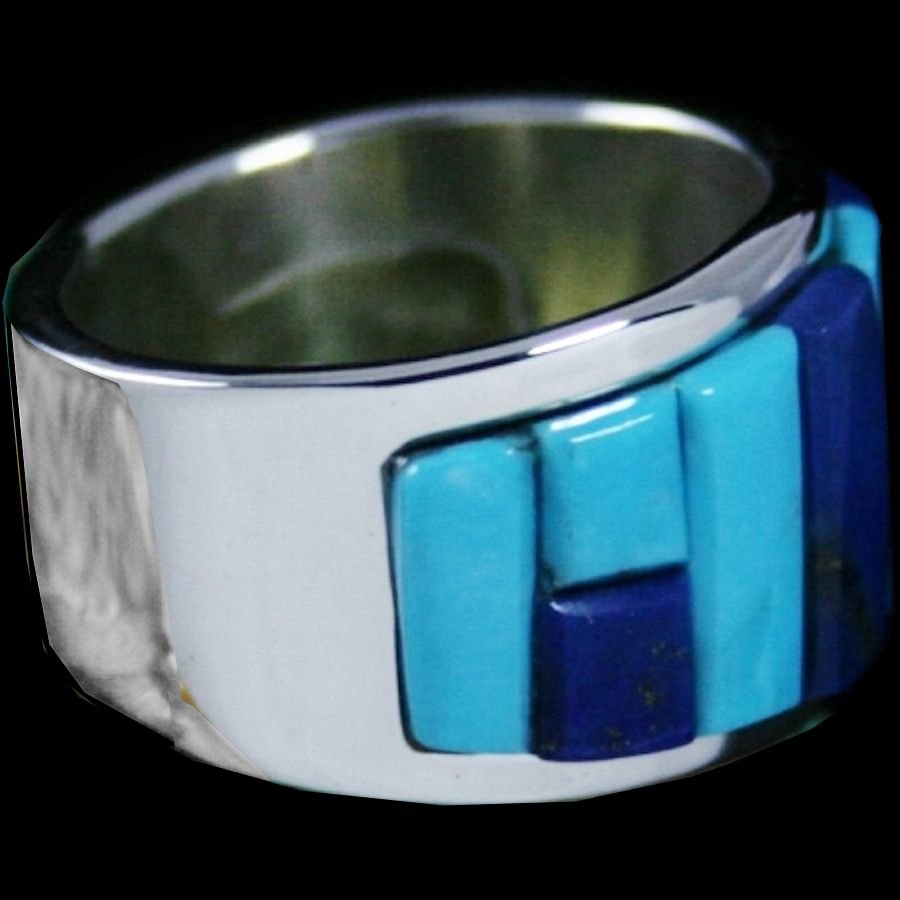 Anneau Navajo Cobblestone Inlay, Turquoise et Lapis Lazuli