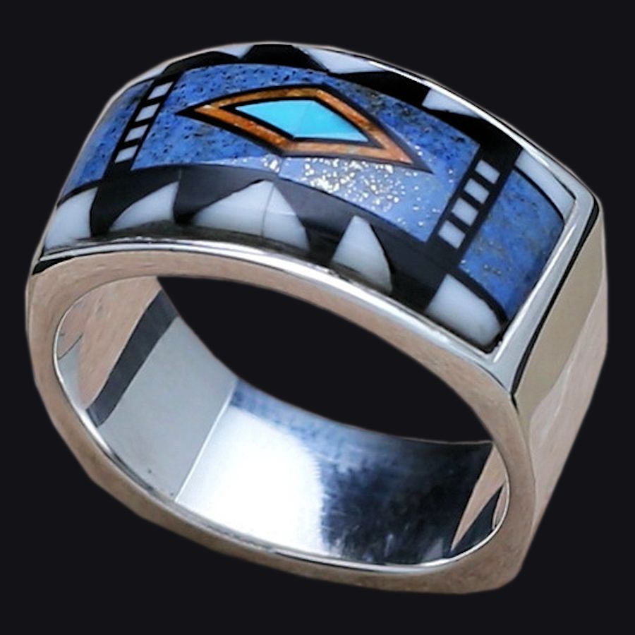Anneau Zuni, Micro Inlay Turquoise, Lapis Lazuli et Blacktab Shell