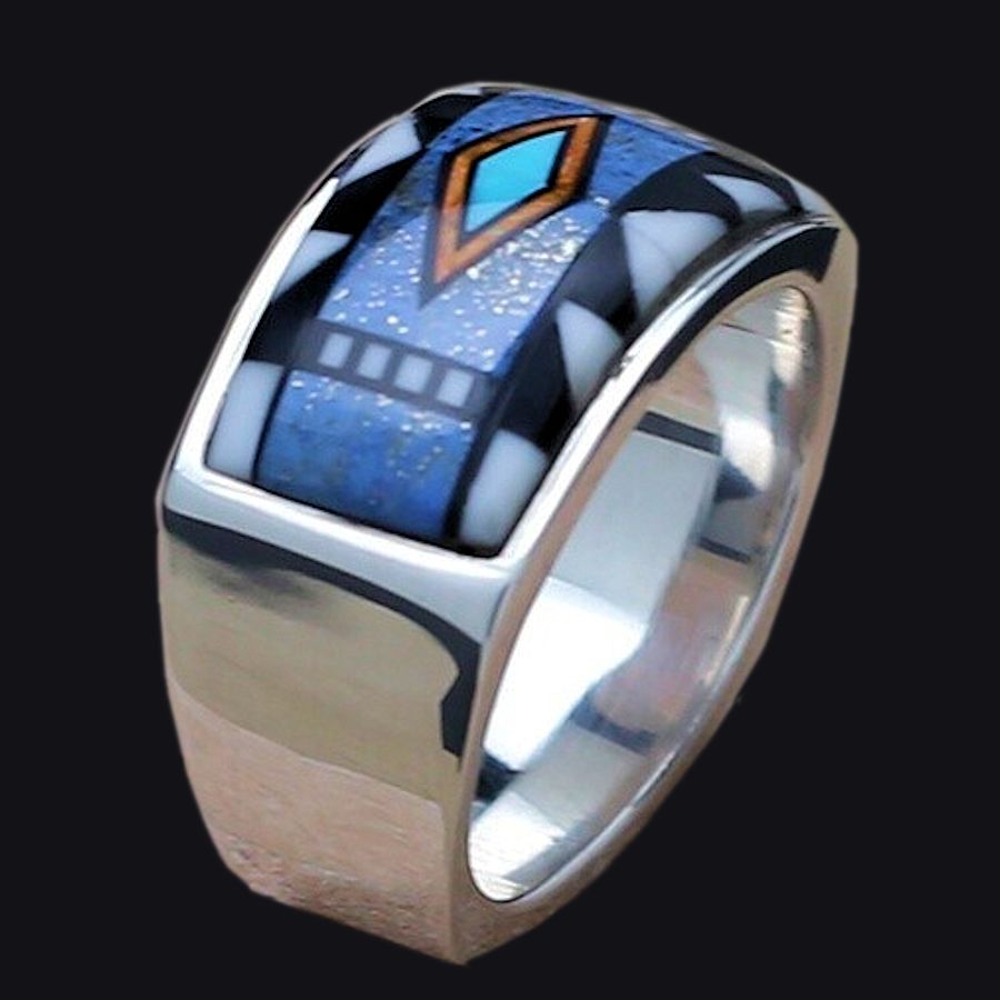 Anneau Zuni, Micro Inlay Turquoise, Lapis Lazuli et Blacktab Shell