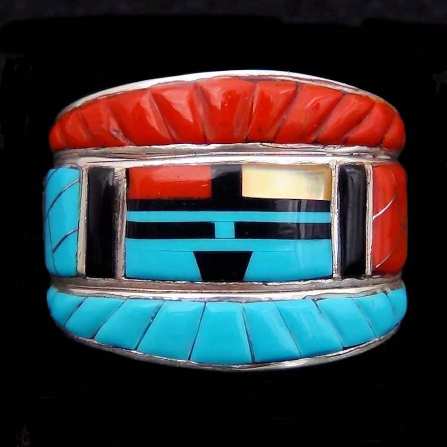 Bague Dieu Soleil Zuni Nite Yei Turquoise &amp; Corail